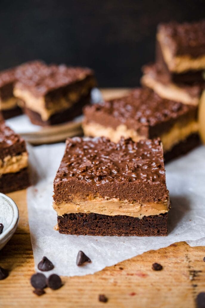 Crispy Chocolate Peanut Butter Brownie Bars on cutting board