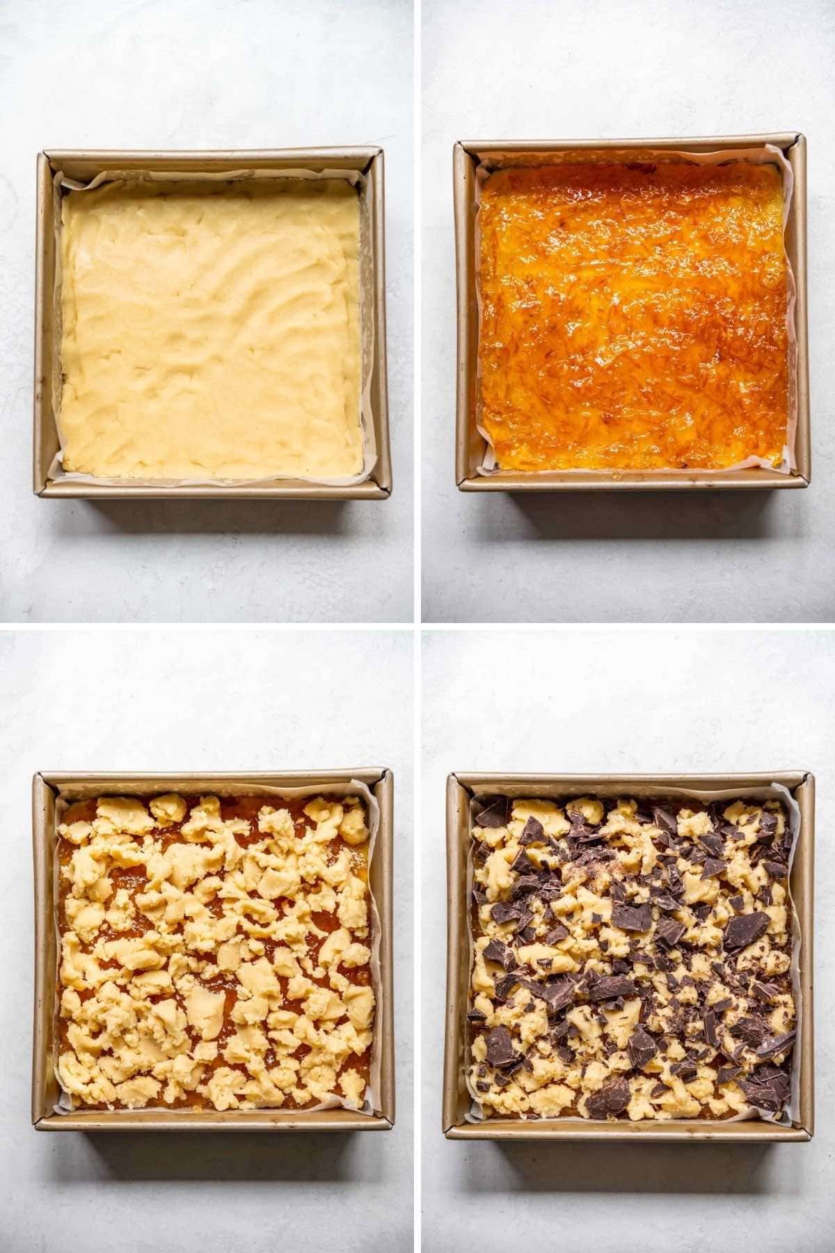 Collage of assembly steps for Dark Chocolate Orange Shortbread Bars