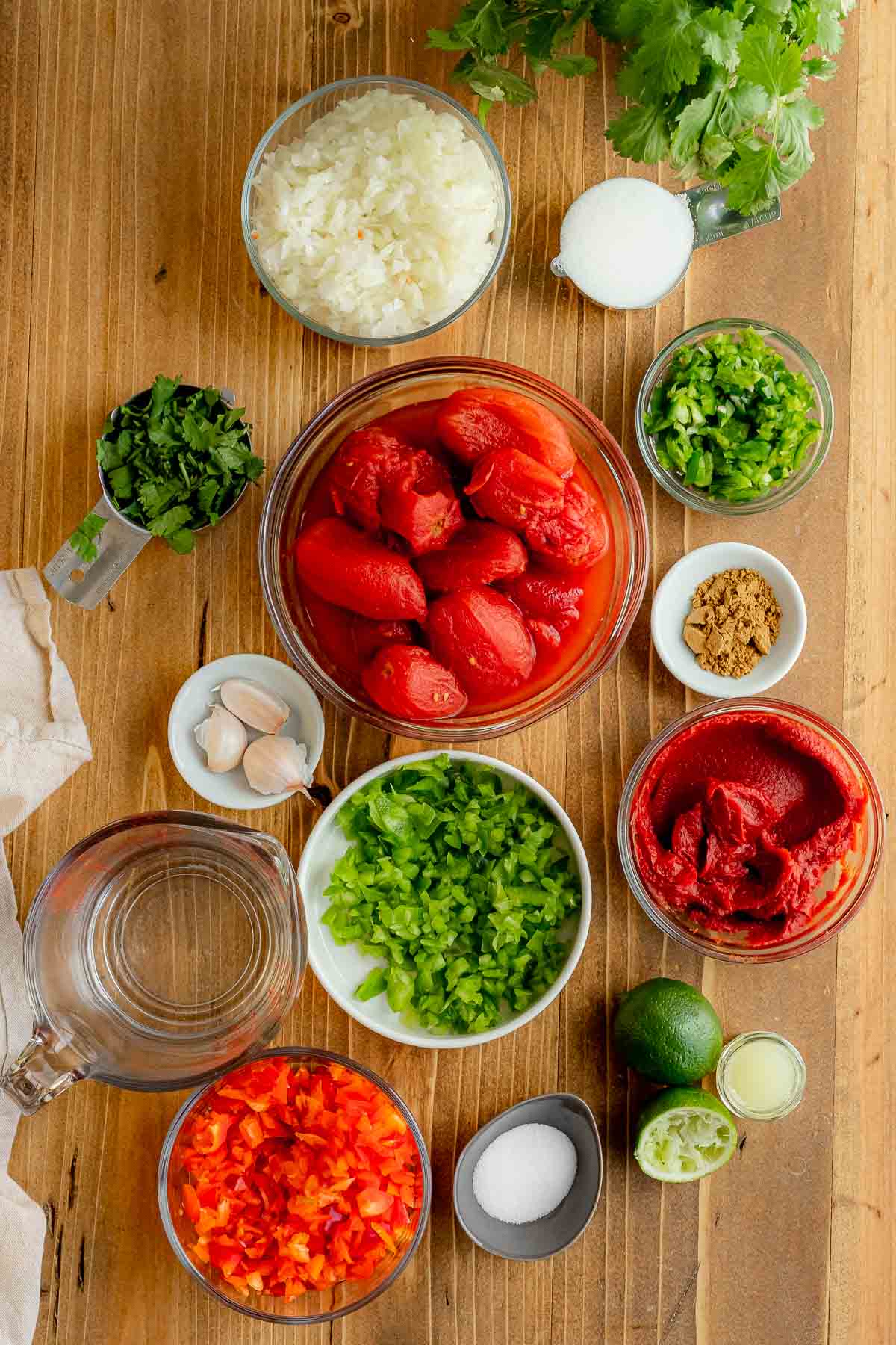 Ingredients for Easy Cooked Jar Salsa in prep bowls
