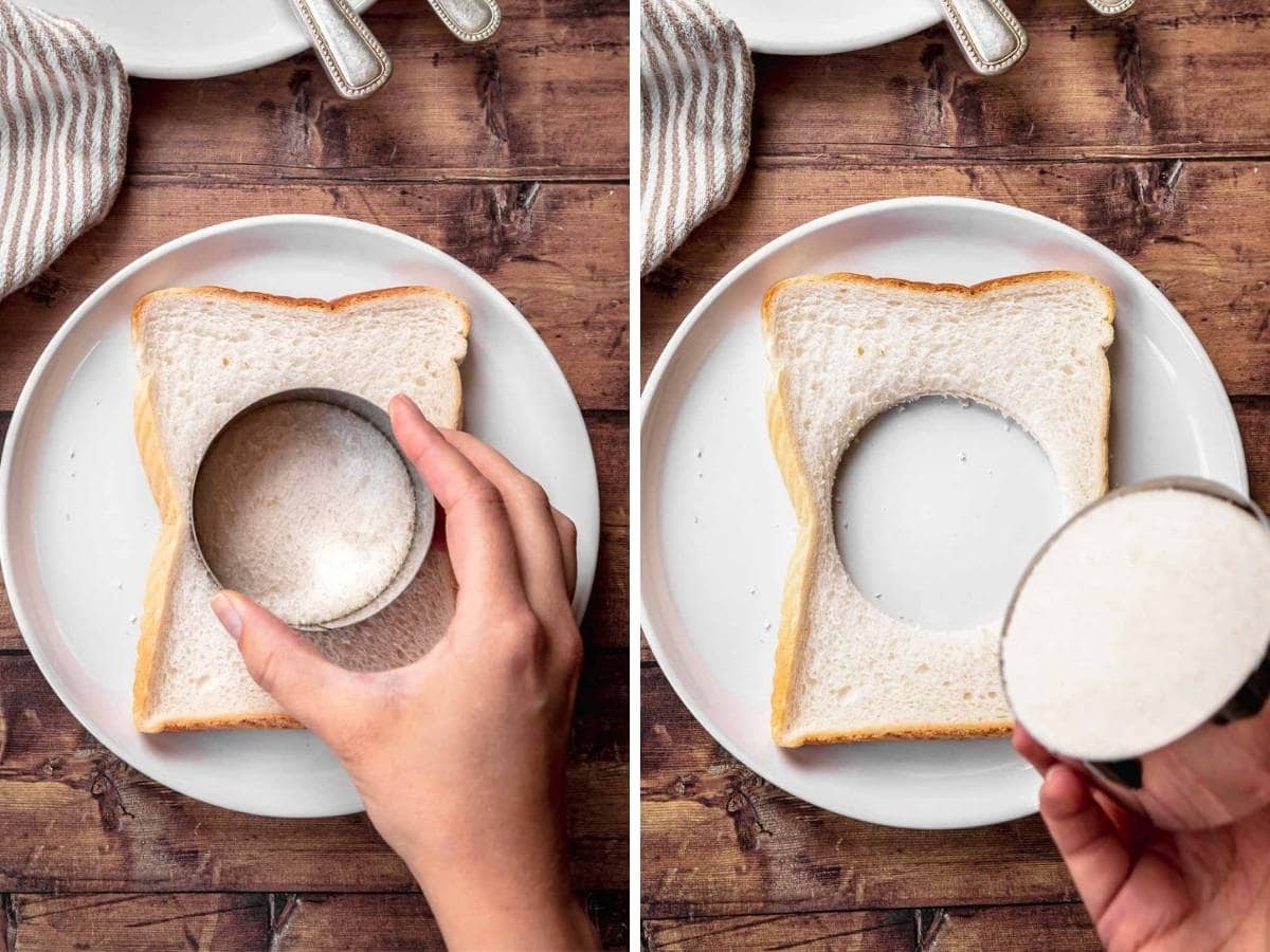 Egg in a Hole bread with circle cutter before and after removing circle