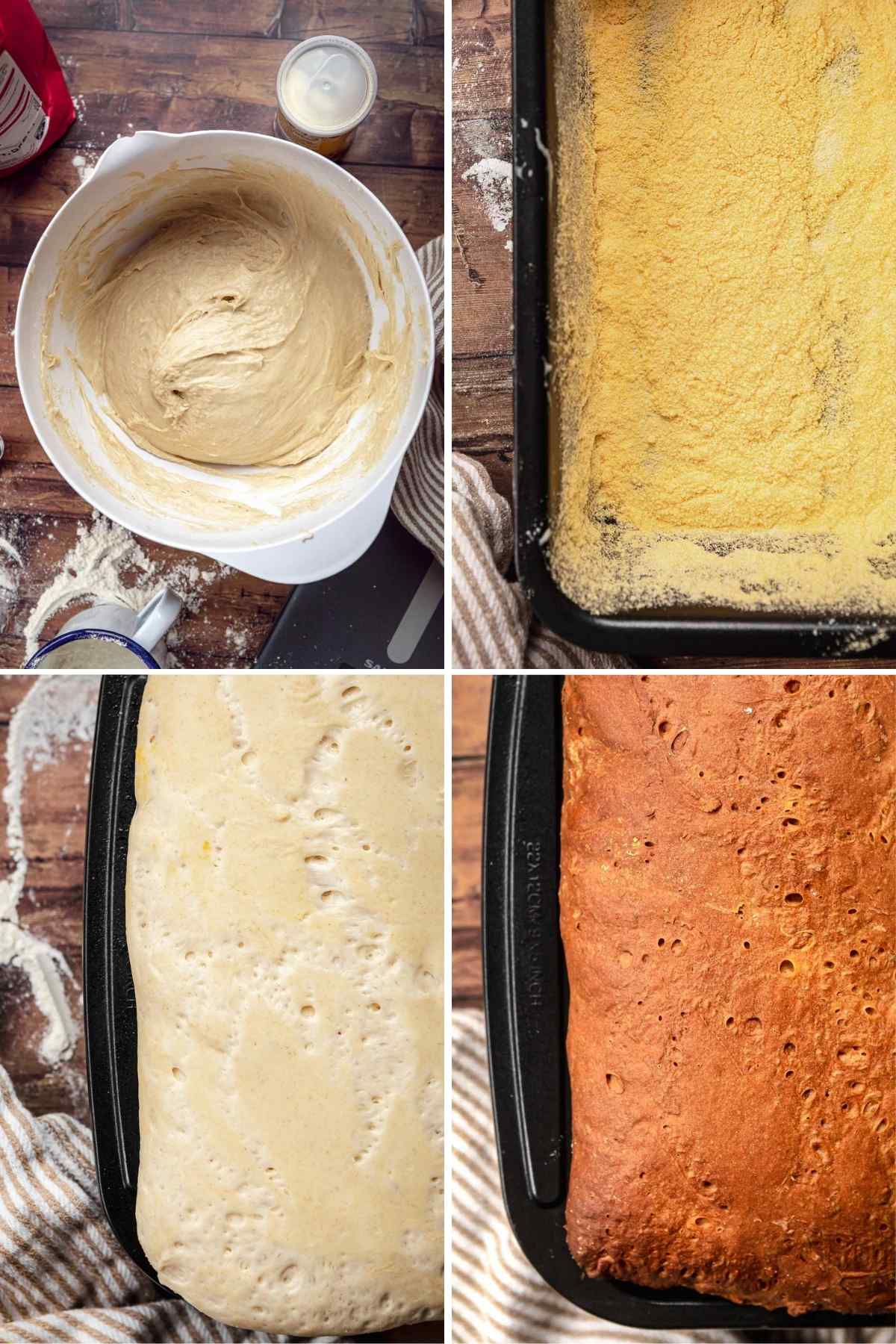 English Muffin Bread dough in bowl, loaf pan with corn starch, proofed dough in loaf pan, and baked bread in loaf pan