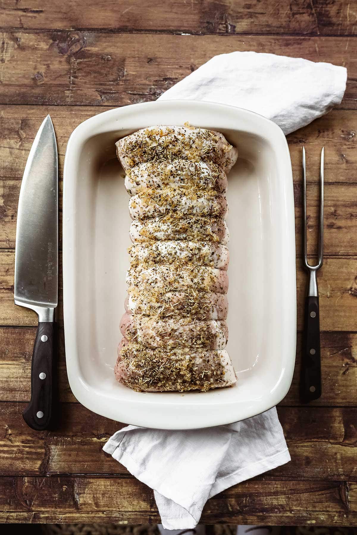 Herb Crusted Pork Loin in baking dish before baking