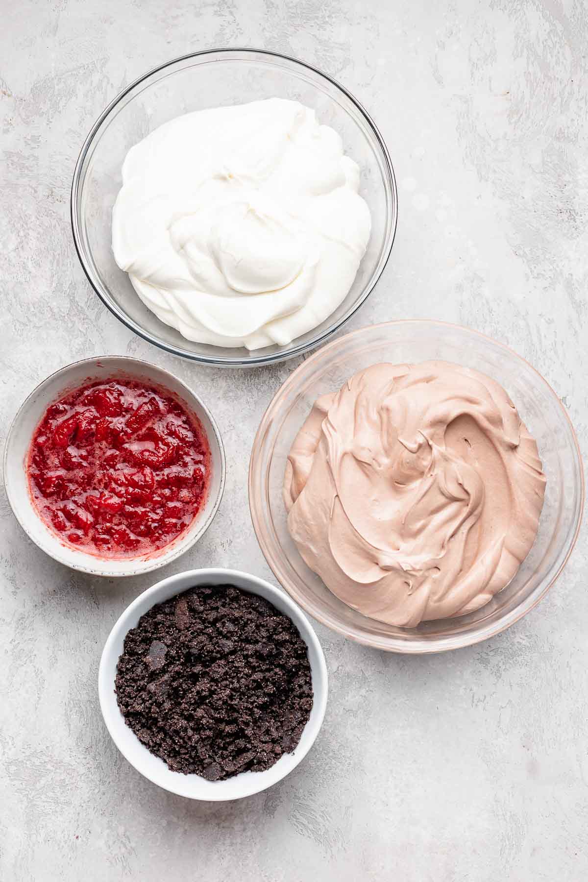 Ingredients in prep bowls for Ice Cream Cake
