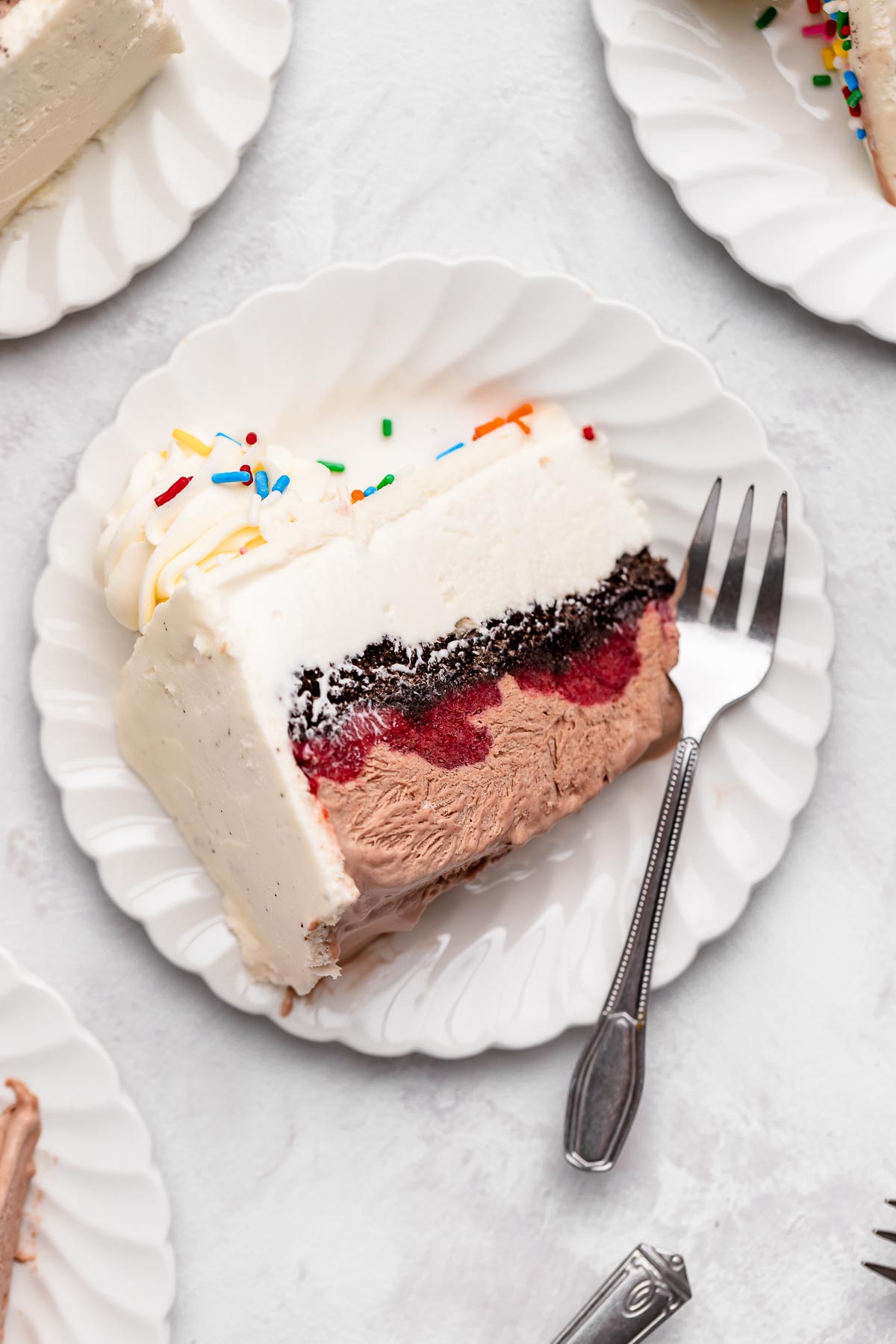 Ice Cream Cake slice on plate with fork