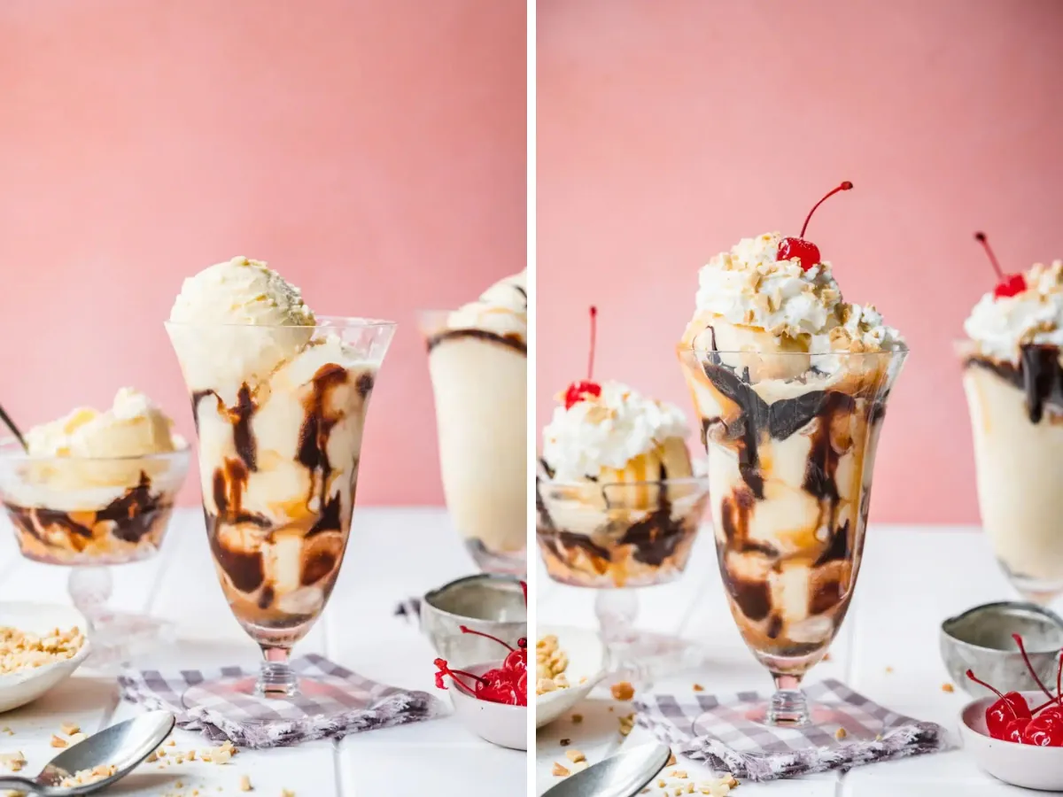collage of sundae before and after toppings 
