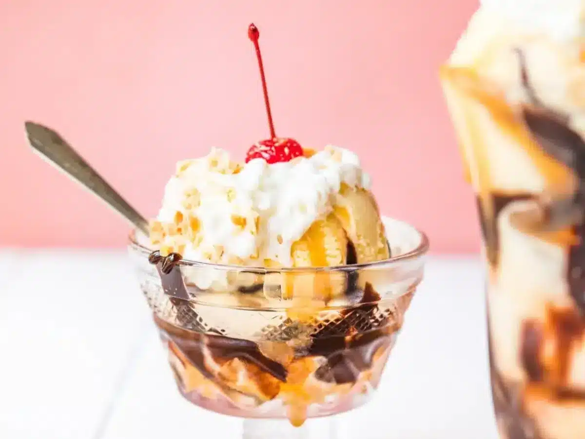 close up of sundae in short wide glass 