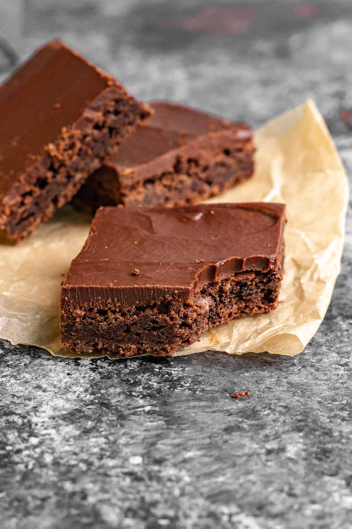 Irish Cream Brownies cut one with bite removed