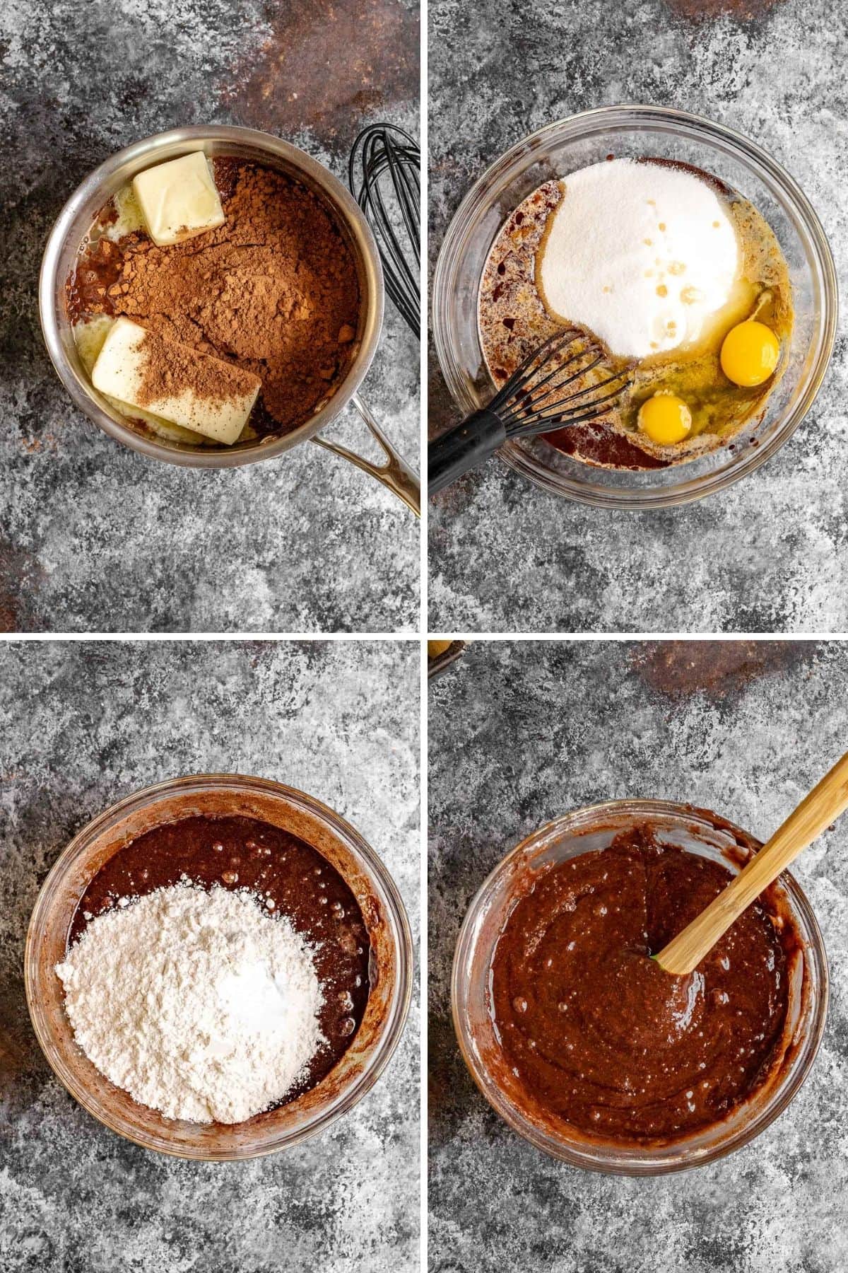 Irish Cream Brownies batter preparation in bowls collage