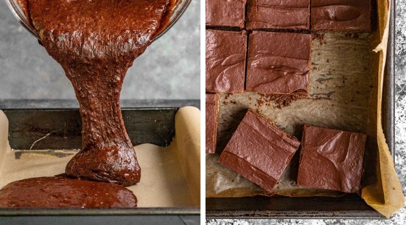 Irish Cream Brownies batter and baked in pan collage