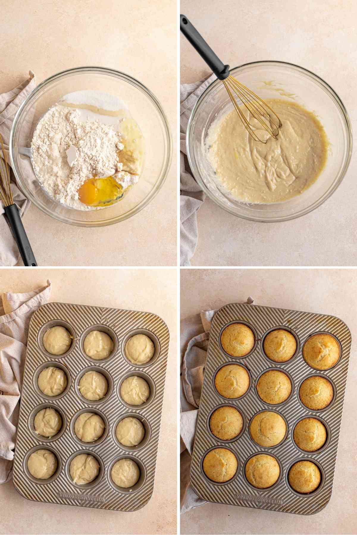 Mini Doughnut Muffins with ingredients, then batter, then scooped into muffin tin and finally baked in a collage form.