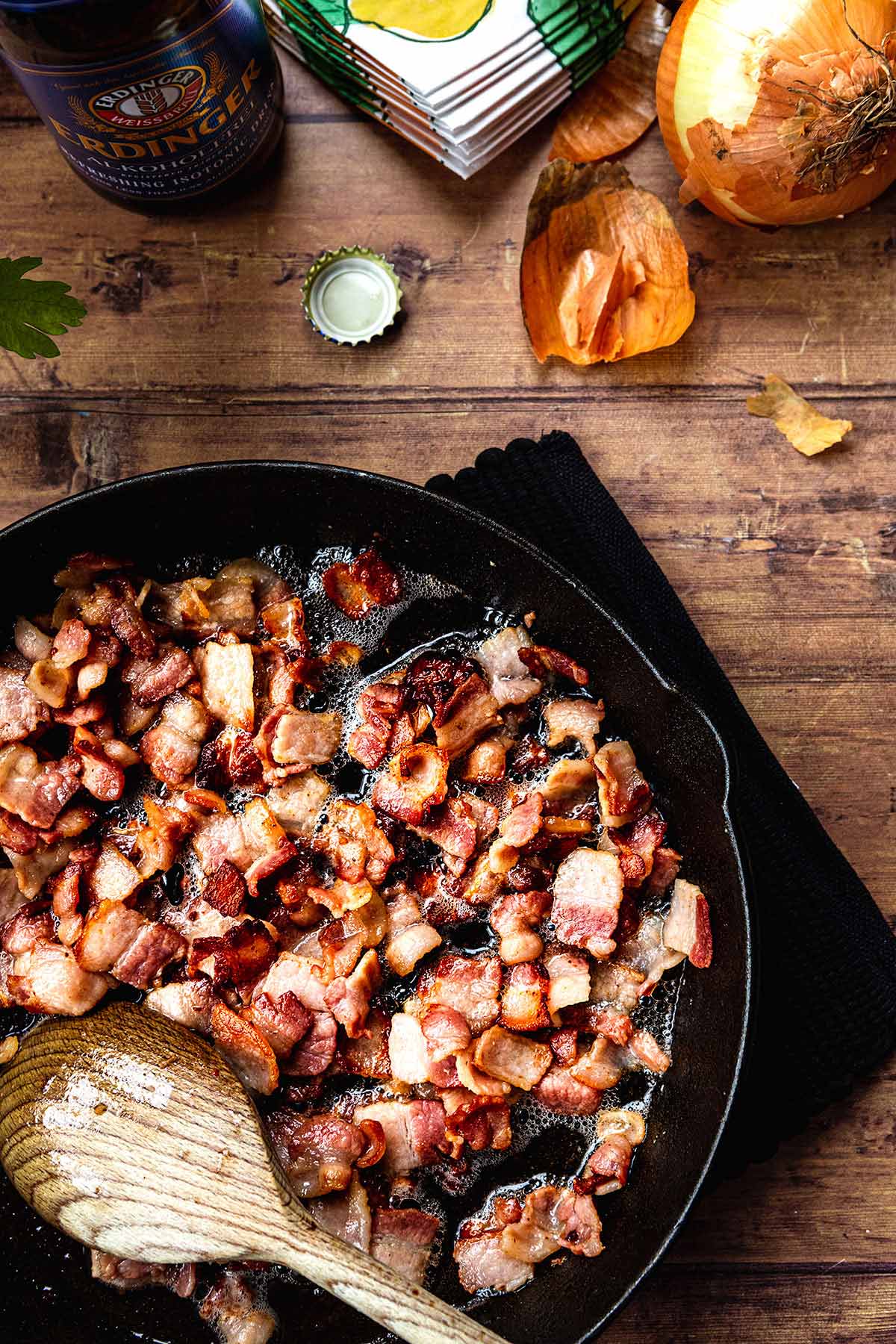 New England Baked Beans chopped bacon in cast iron skillet