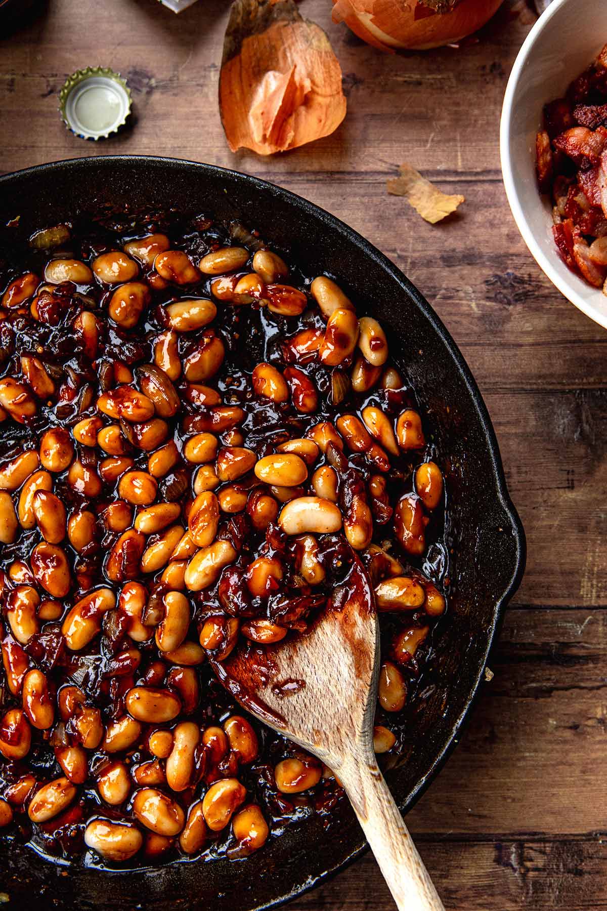 New England Baked Beans beans added to cast iron skillet