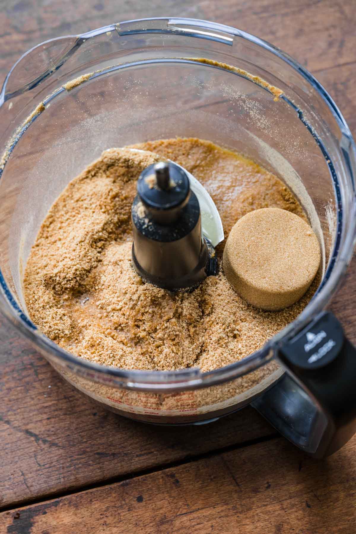Graham crackers and brown sugar in food processor for No-Bake Cheesecake