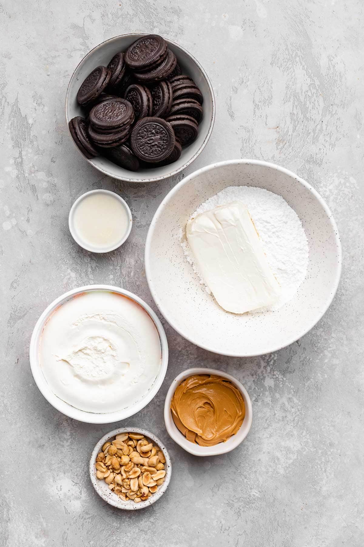 Ingredients for Peanut Butter Whip Pie in prep bowls