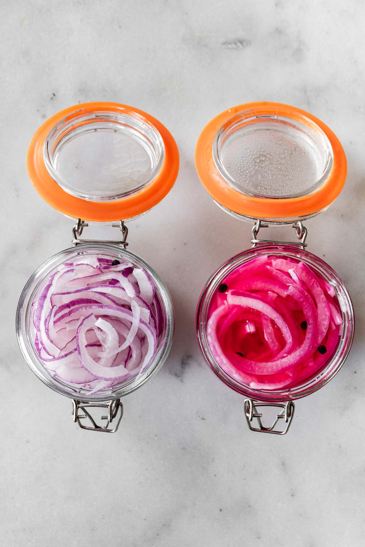 Pickled Red Onions in canning jars before and after pickling