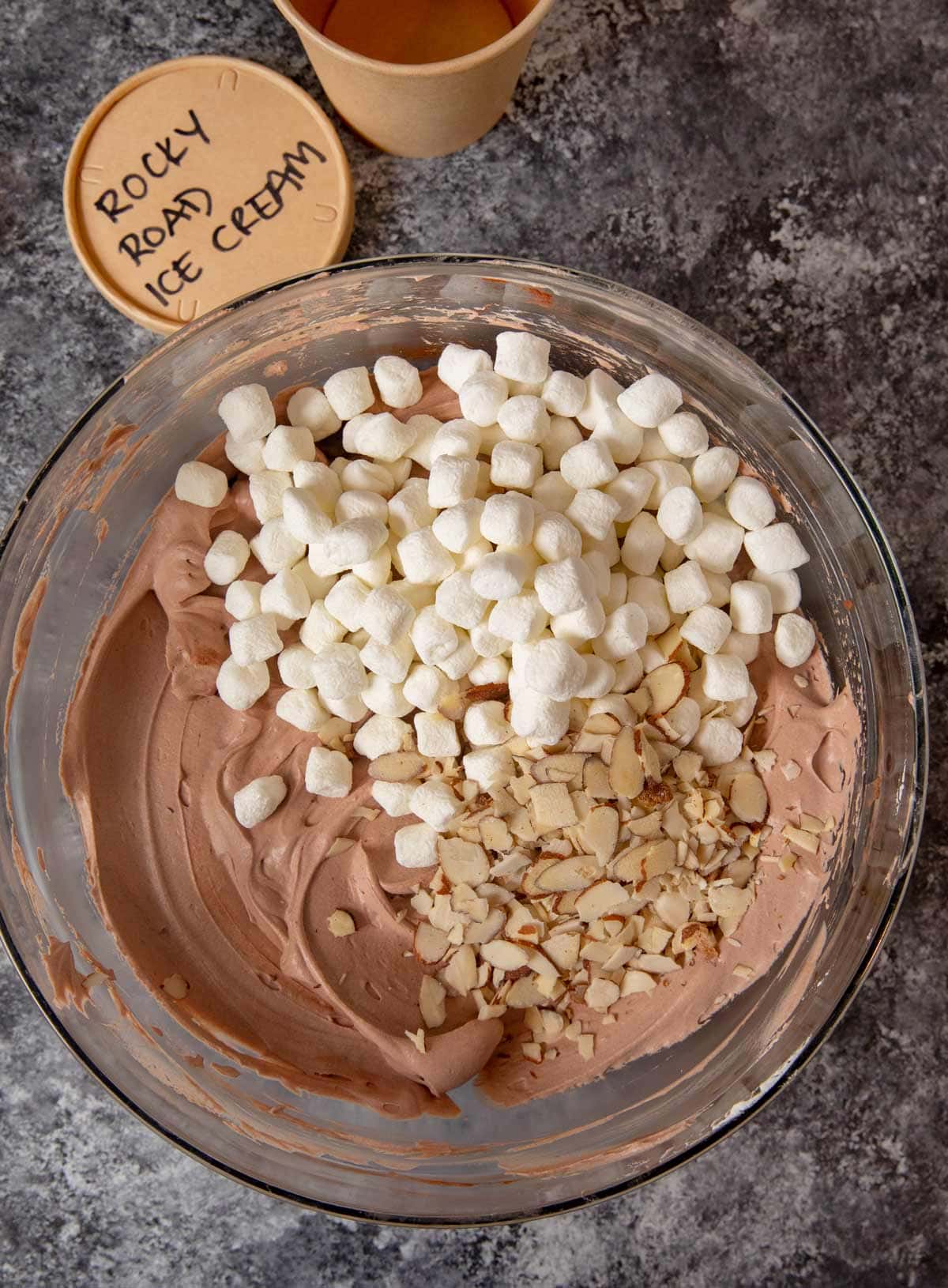 Rocky Road Ice Cream chocolate base with marshmallows and nuts