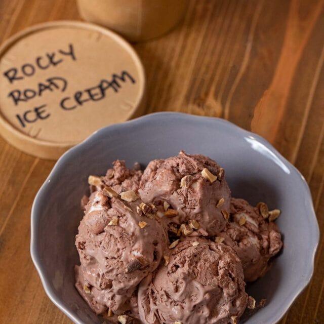 Rocky Road Ice Cream scoops in bowl