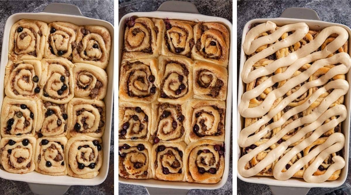 Sausage Blueberry Cinnamon Rolls collage before and after baking and with frosting