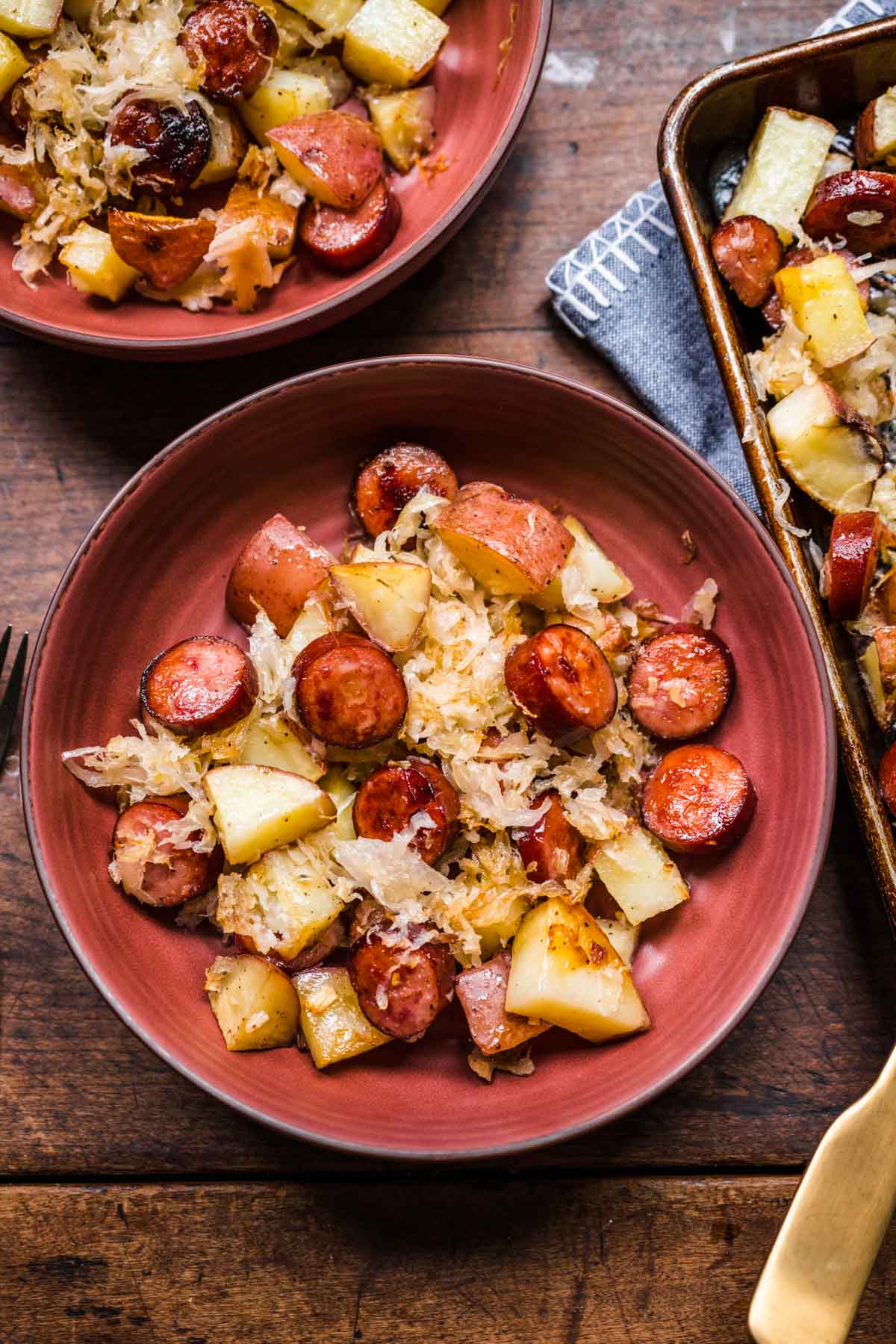 Sheet Pan Sausage and Sauerkraut on serving plate