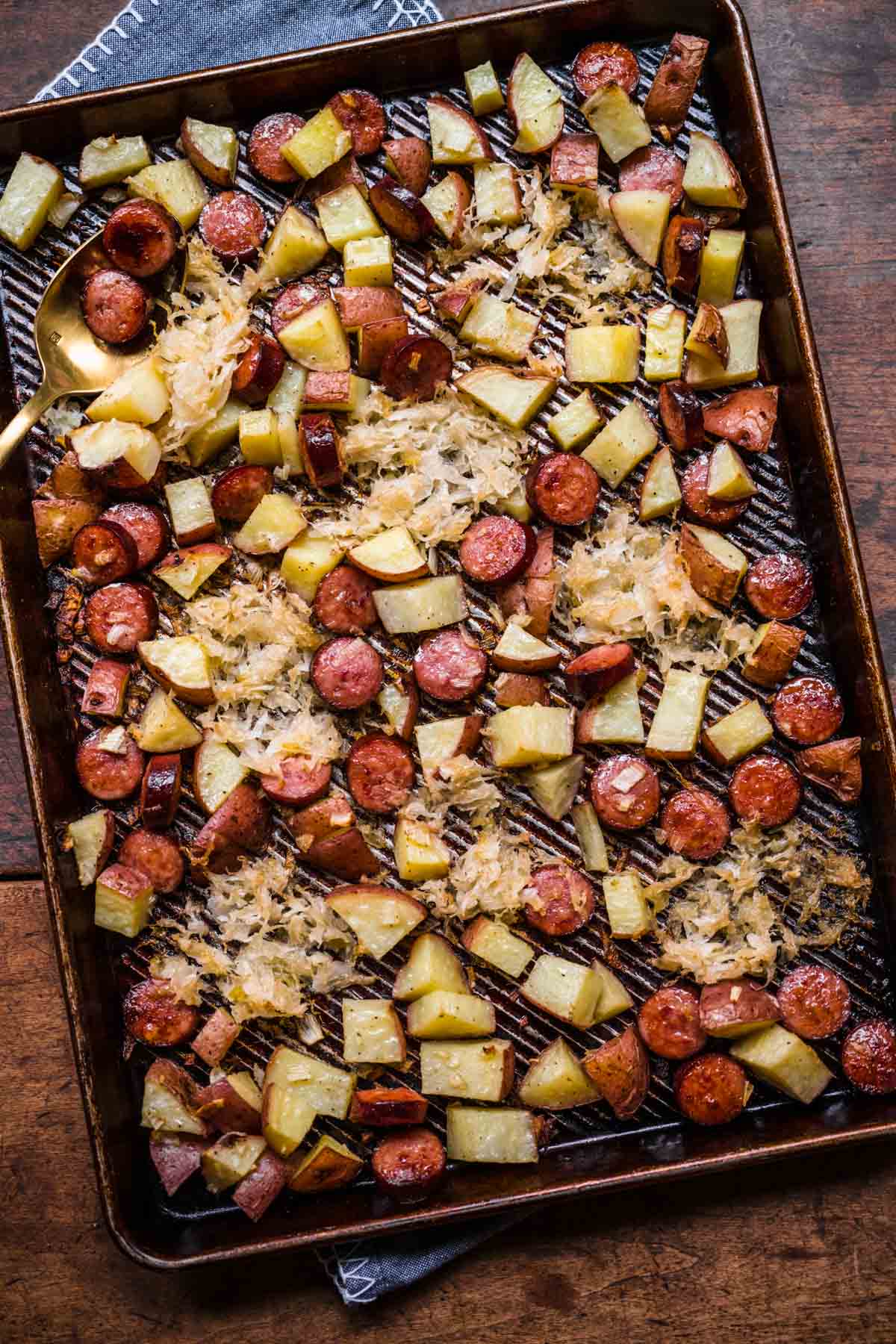 Sheet Pan Sausage and Sauerkraut on baking pan