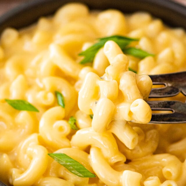 Creamy Mac and Cheese in bowl with forkful