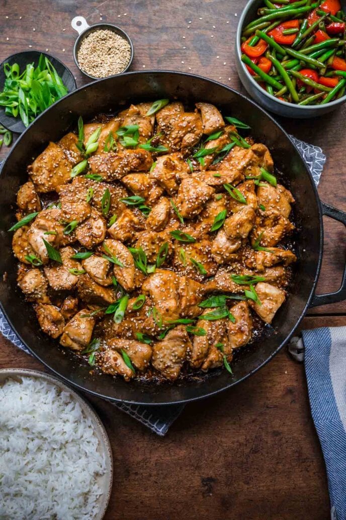 Skillet Sesame Chicken cooking in skillet