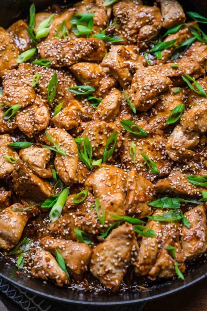 Skillet Sesame Chicken cooking in skillet