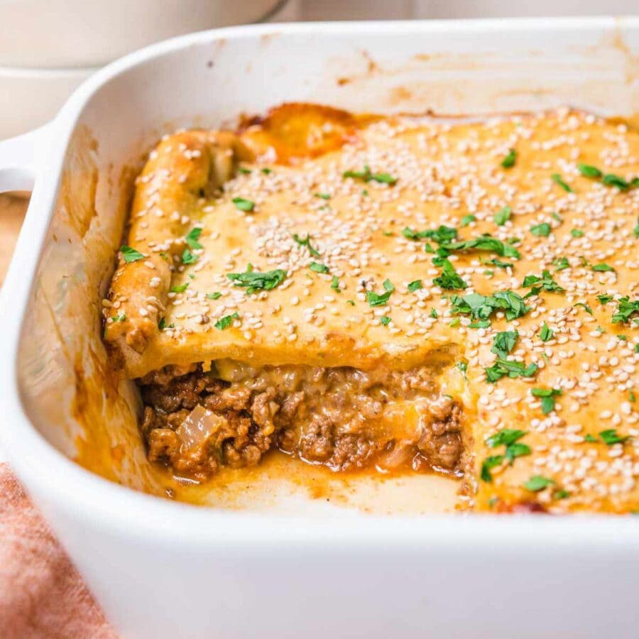 Sloppy Joe Casserole cross-section in baking dish
