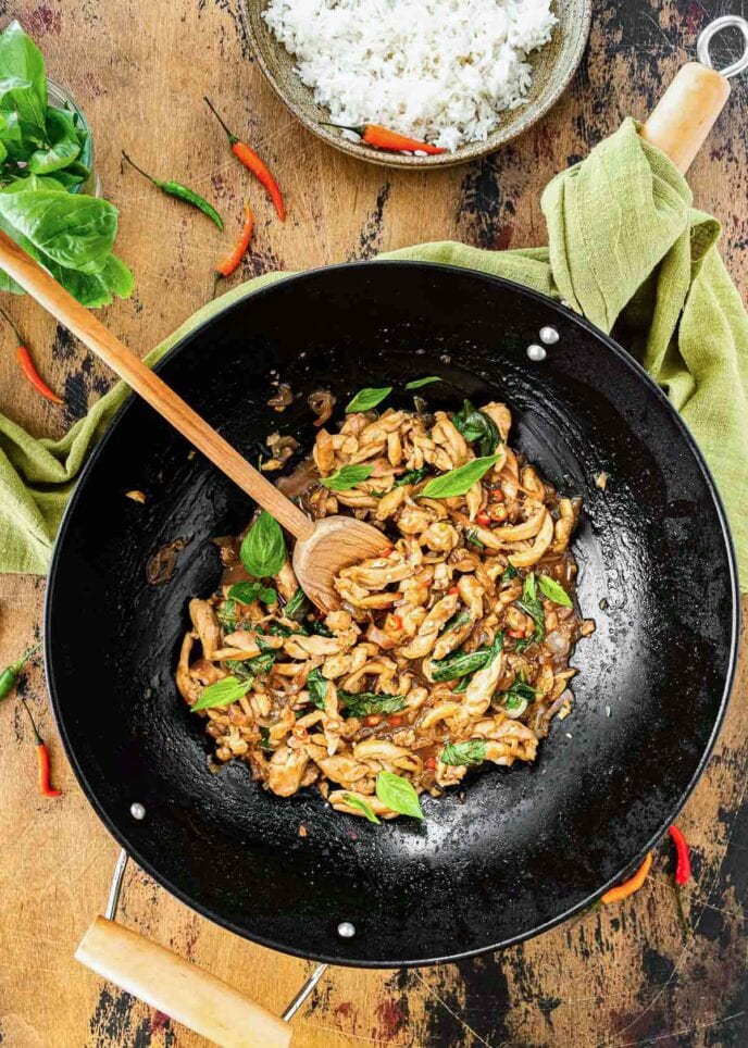 Thai Basil Chicken in pan