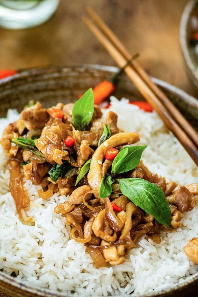 Thai Basil Chicken over rice on a plate