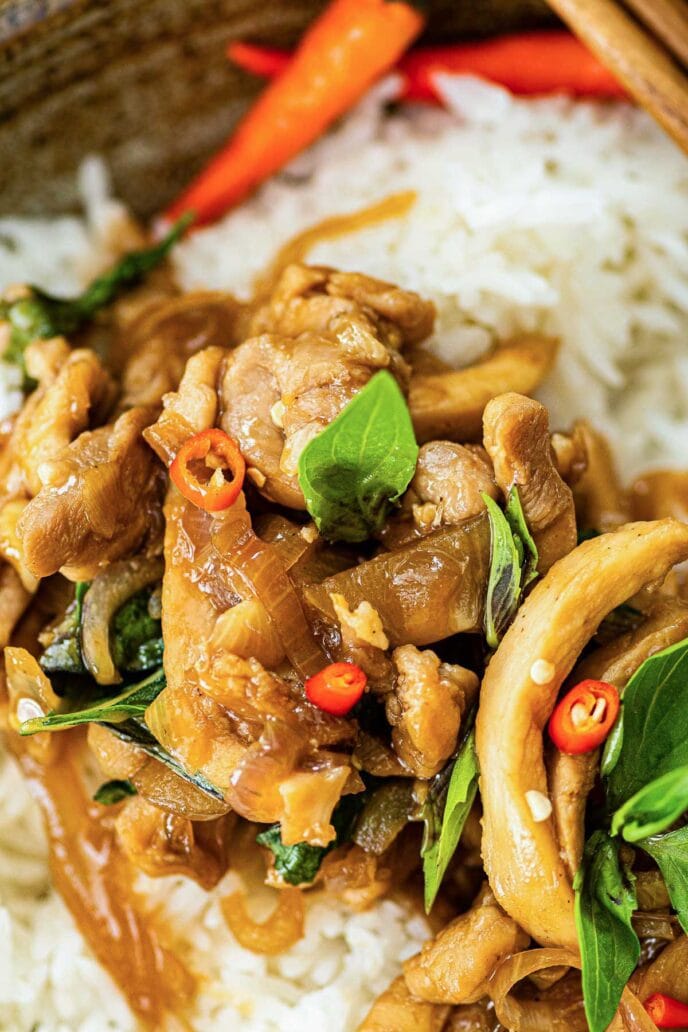 Thai Basil Chicken over rice on a plate close up