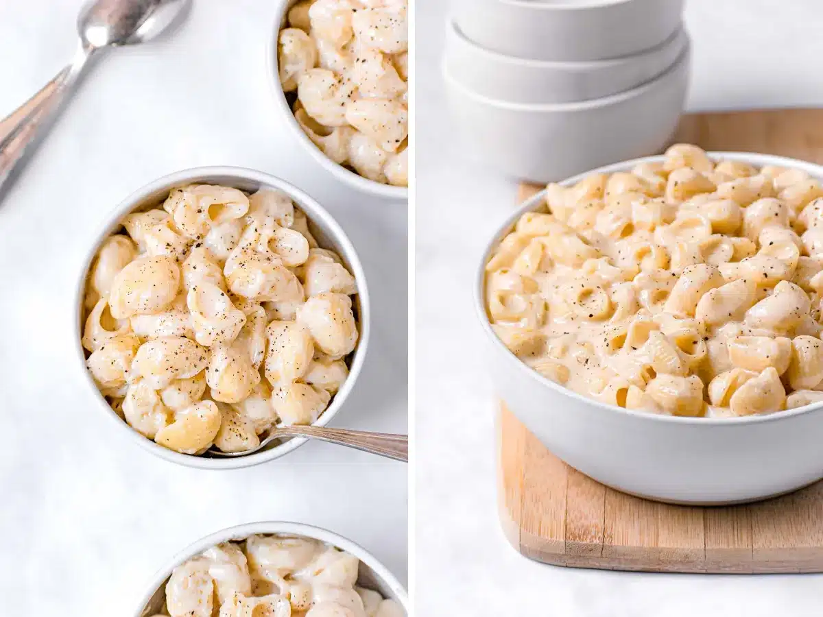 Bowls of served cooked pasta with cheeses ready to eat