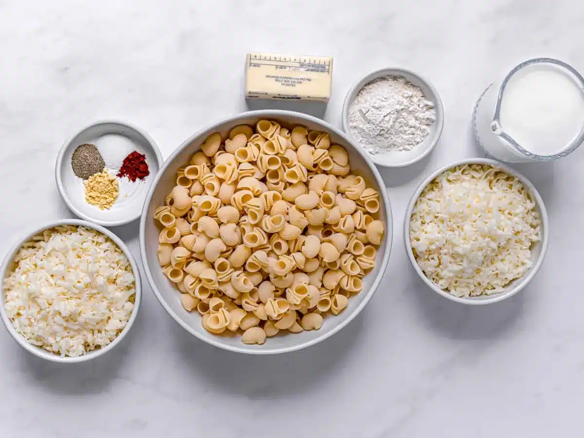 Bowls of pasta, cheeses, and spices ready to be mixed