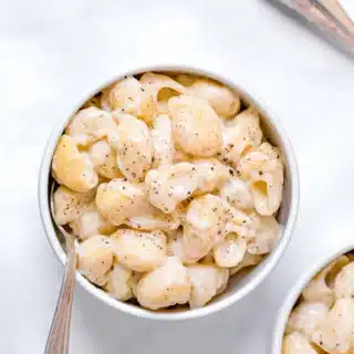 Top view of cooked pasta in a bowl