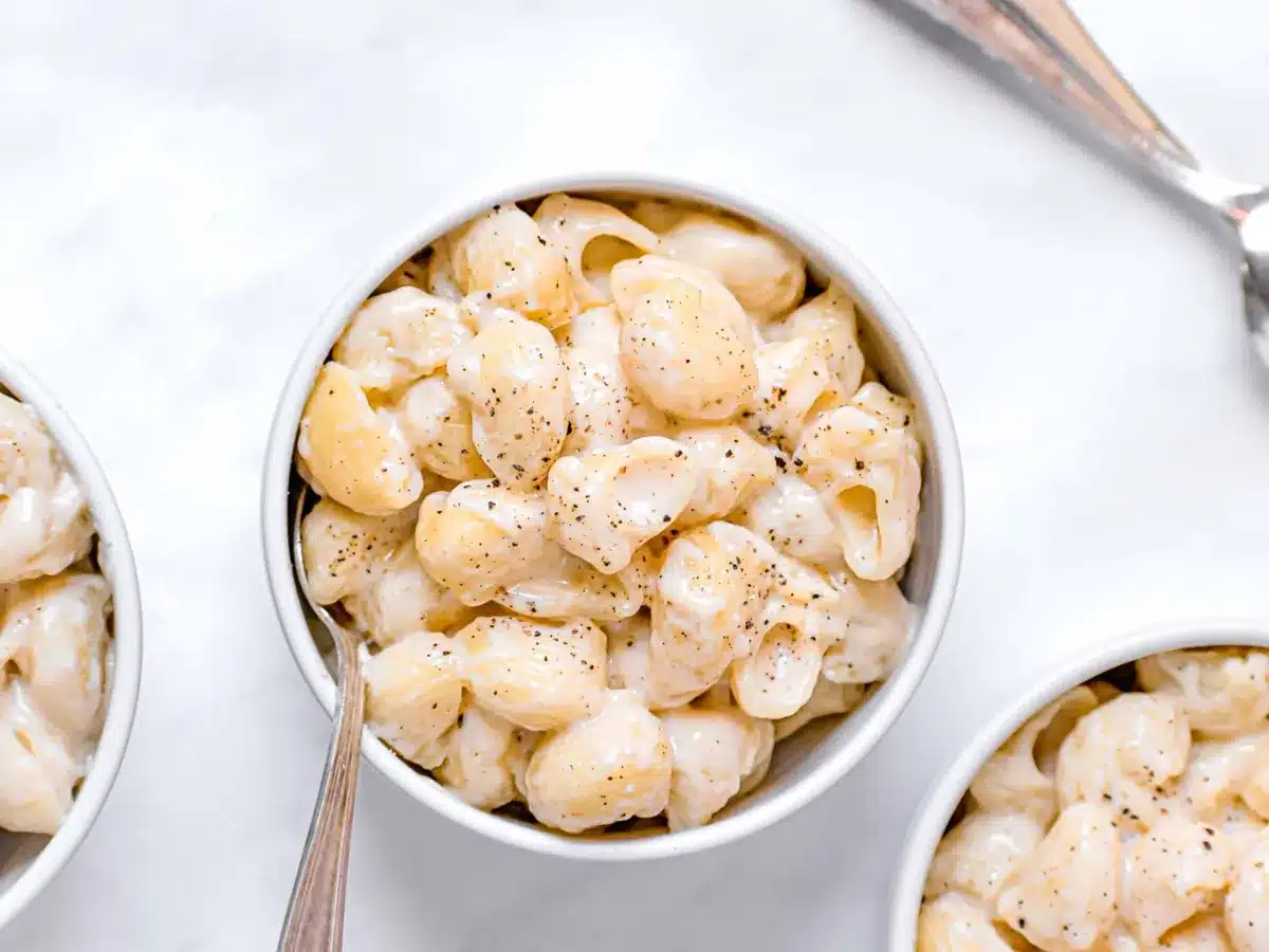 Top view of cooked pasta in a bowl