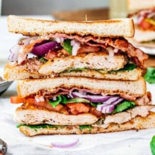 Two halves of the sandwich stacked on a plate.