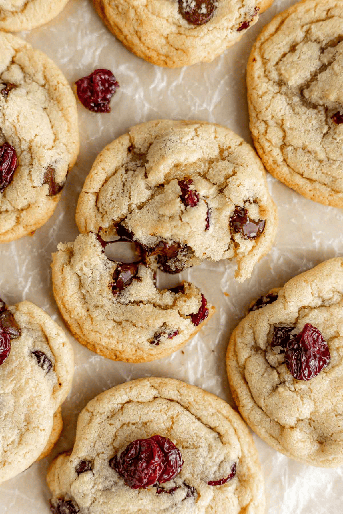 cookies with chocolate and cherry chunks broken in half