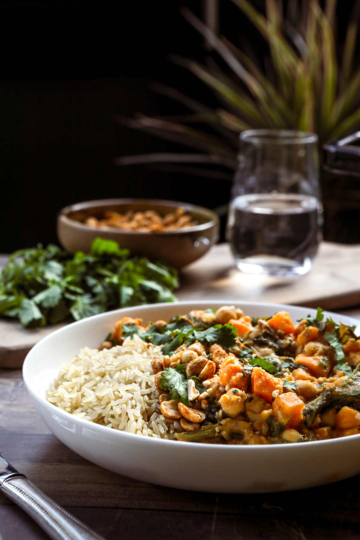 African Peanut Sweet Potato Stew in bowl over rice with cilantro & peanut garnish