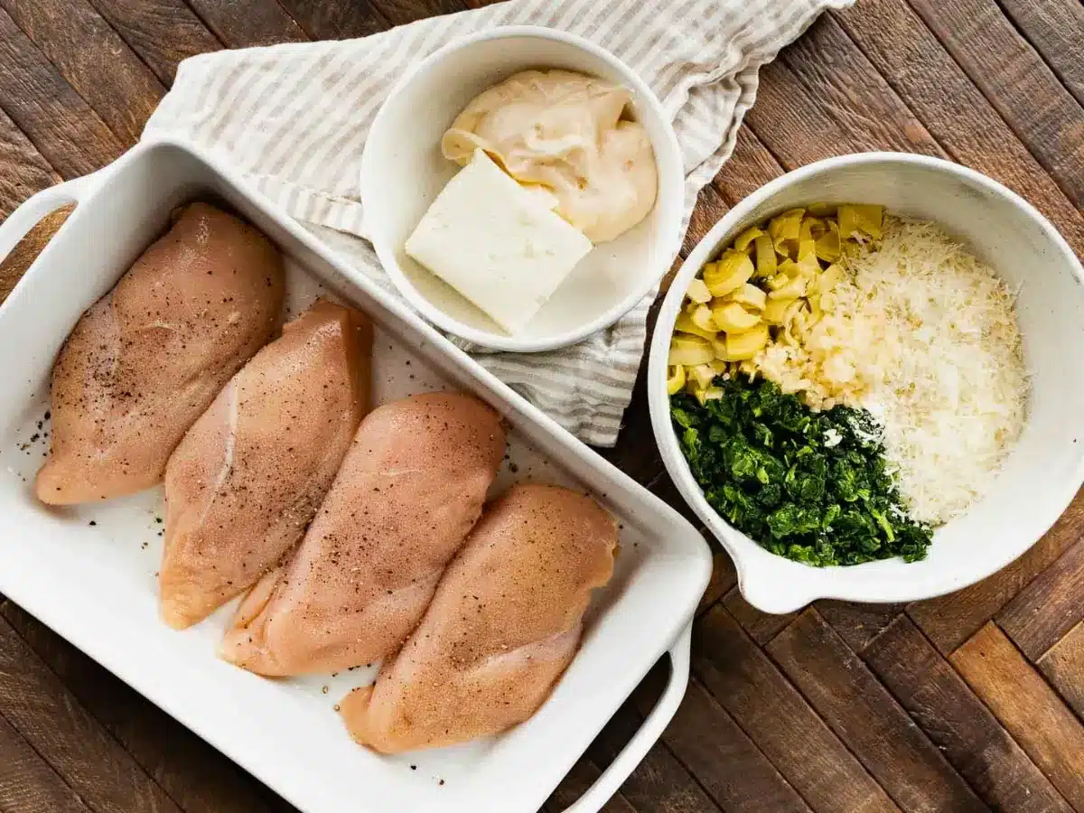 Chicken breasts with artichoke mix in bowls