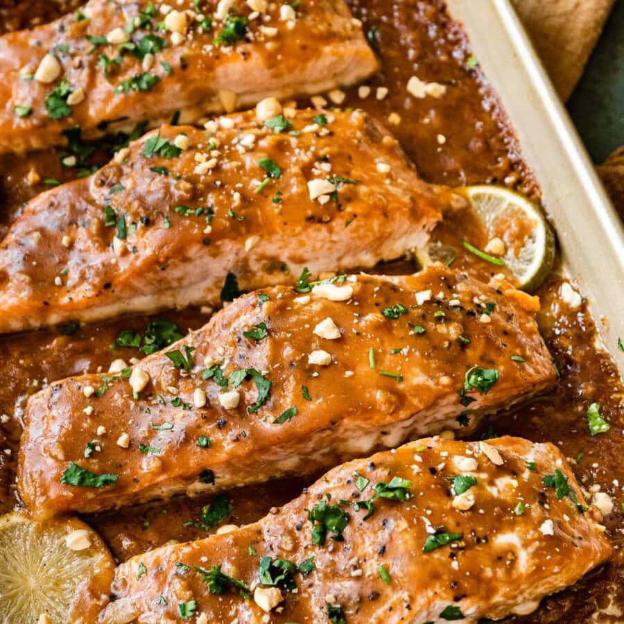 Baked Thai Peanut Salmon on baking sheet after baking
