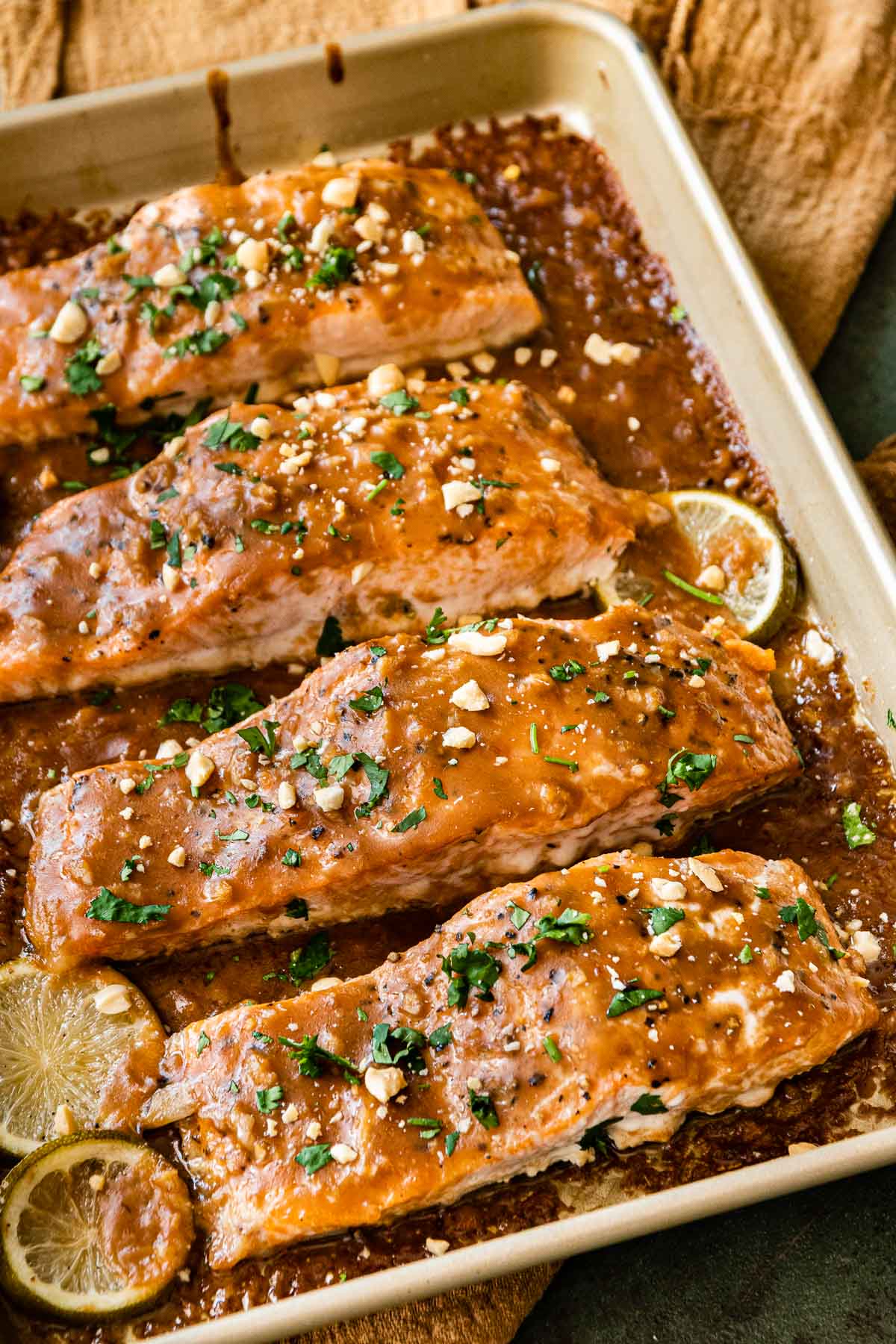 Baked Thai Peanut Salmon on baking sheet after baking