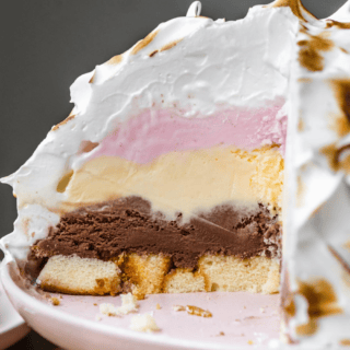 Ice cream dessert sliced to show the layers