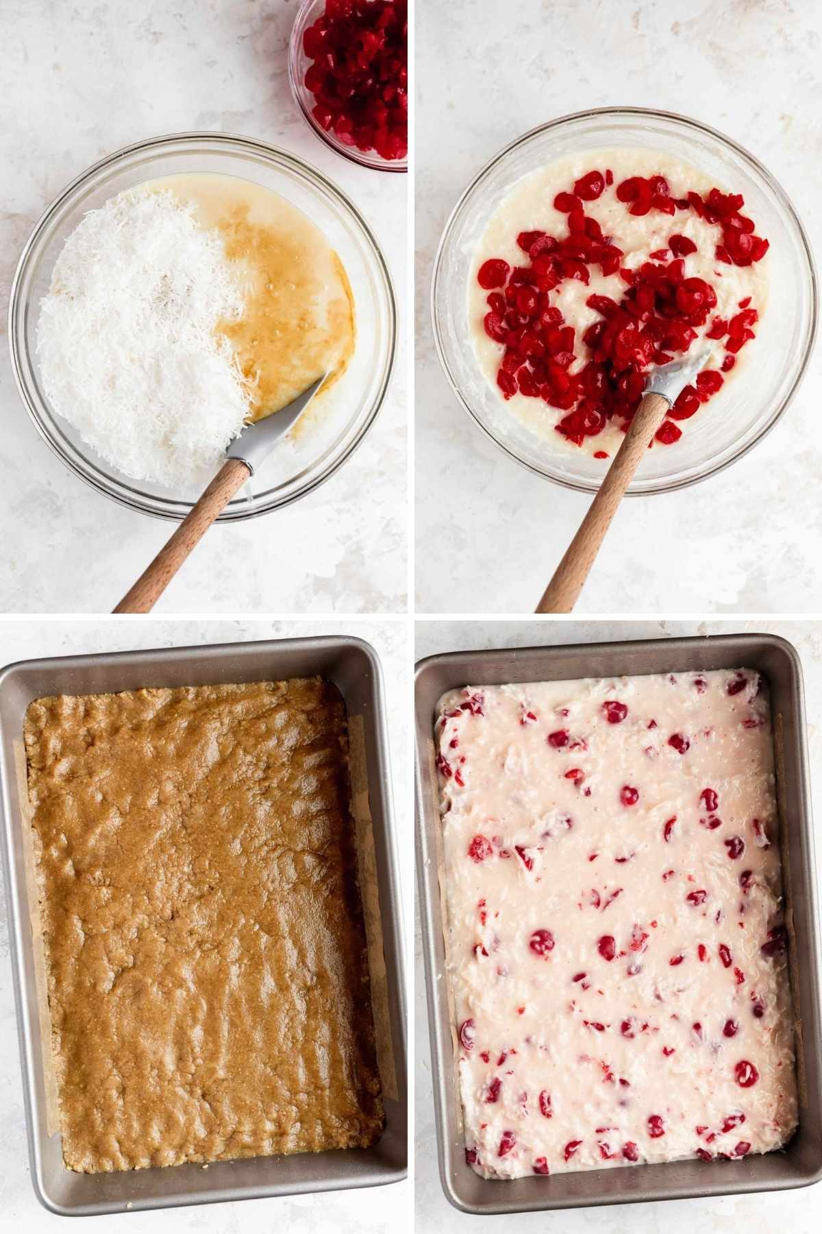 Cherry Coconut Bars prep steps of ingredients in bowls and layers in baking pan