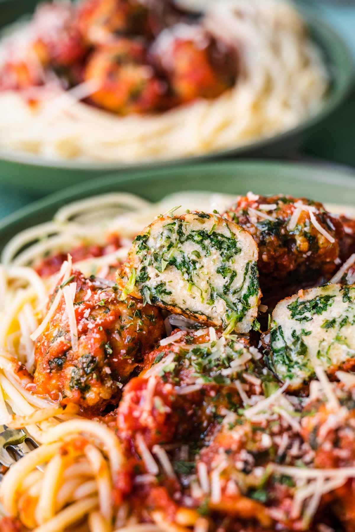 Chicken Florentine Meatballs in serving bowl showing interior