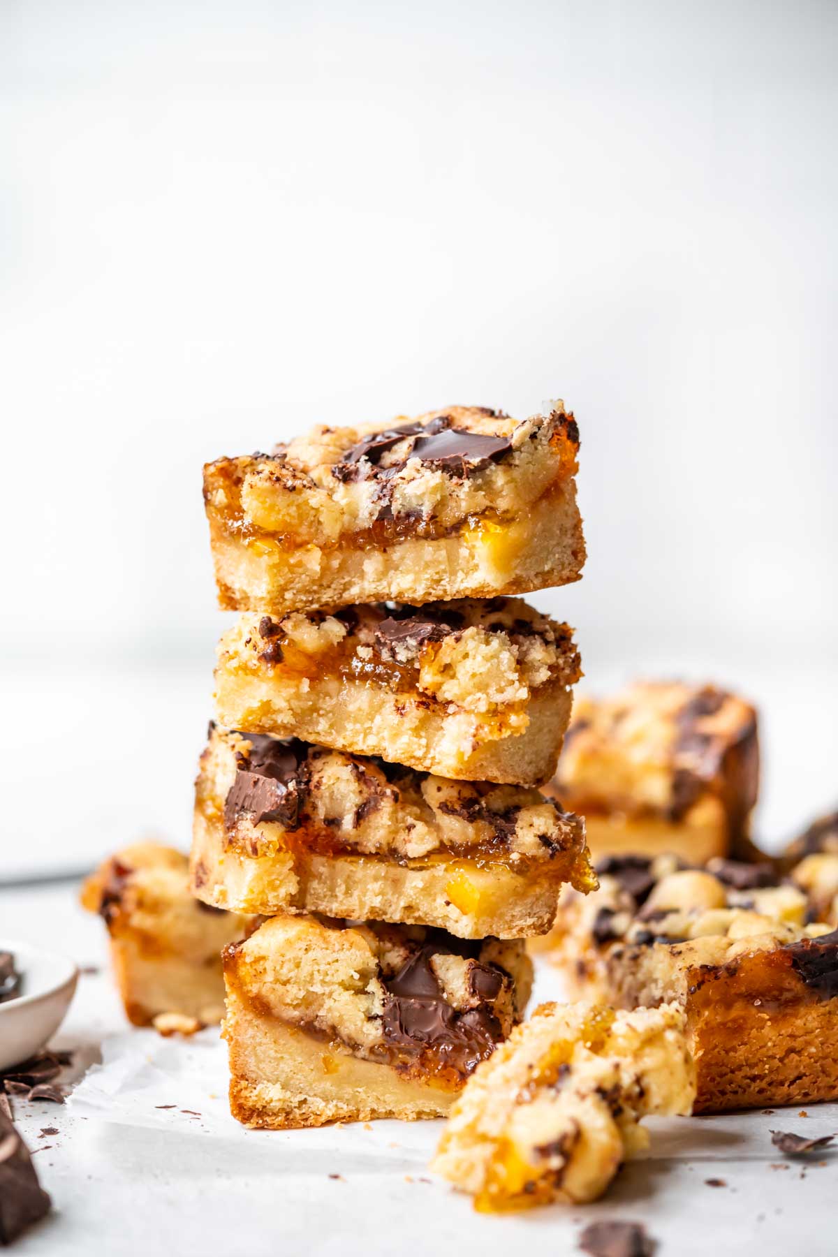 Sliced and stacked Dark Chocolate Orange Shortbread Bars