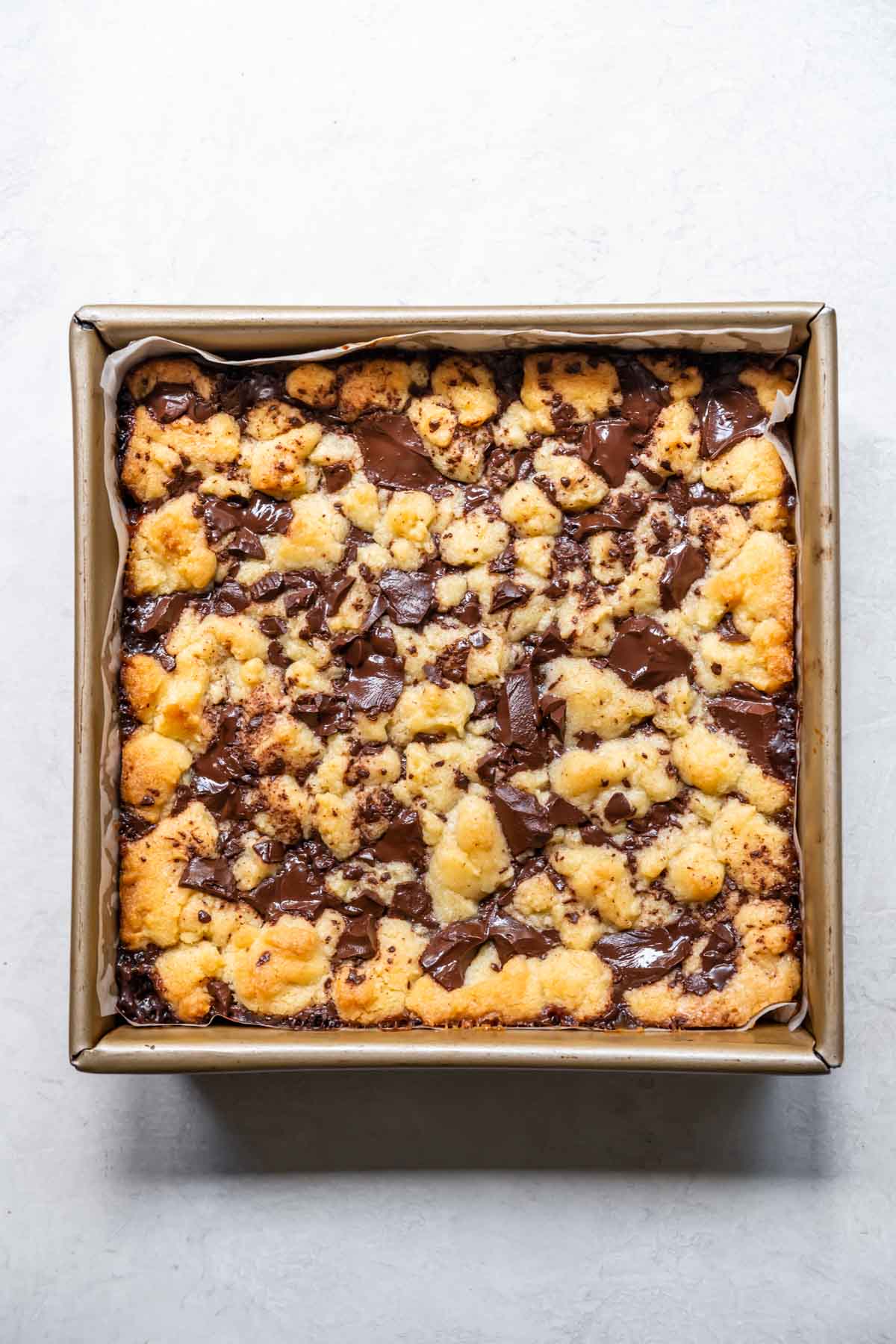 Baked Dark Chocolate Orange Shortbread Bars in baking pan