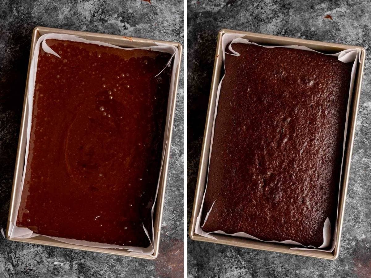 Coca Cola Sheet Cake in baking dish before and after baking