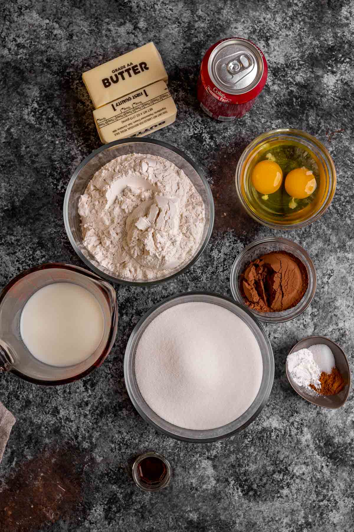 Coca Cola Sheet Cake ingredients in bowls