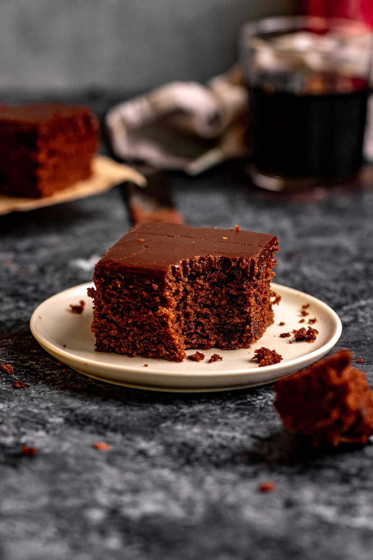 Coca Cola Sheet Cake slice on plate with fork