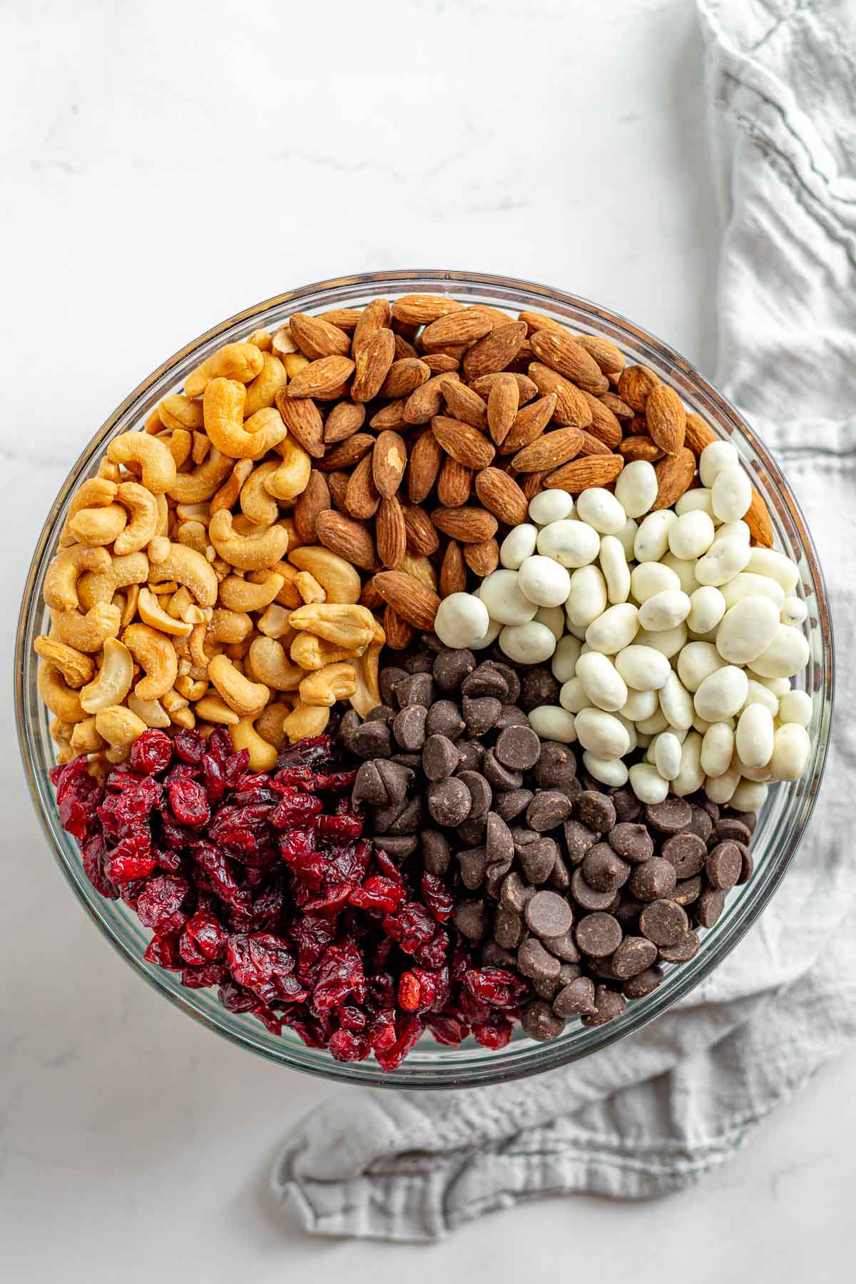 Cranberry Trail Mix in glass bowl before mixing